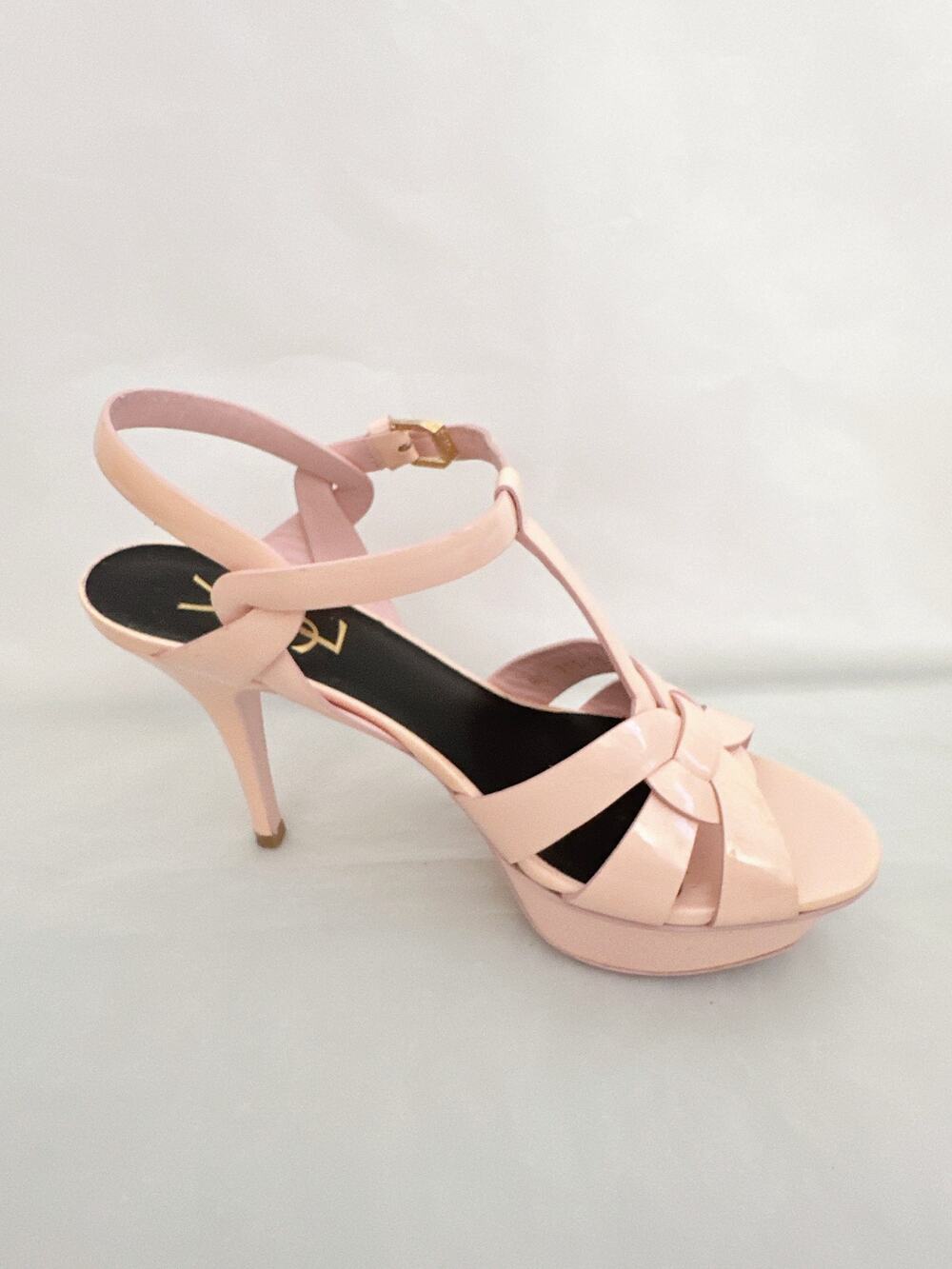 YSL Yves Saint Laurent Rose Pale Pink Patent Tribute 105 Platform Sandals 37.5